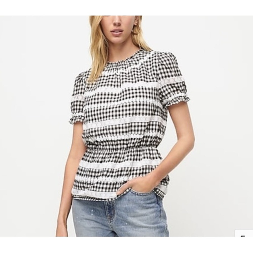 J. Crew Gingham Lace Trim Peplum Top XL‎ Black White Check Puff Sleeve Blouse